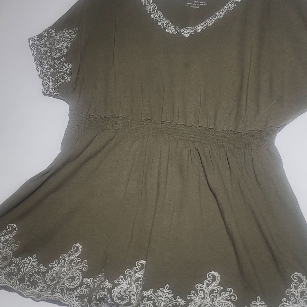 #0021-Jessica London Olive Blouse with White Embroidery